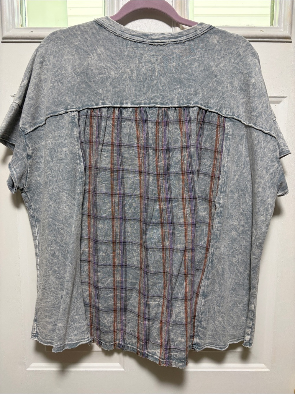 J.Her Washed Light Blue Short-Sleeve Women's Tee with Plaid Trim - Picture 5 of 6
